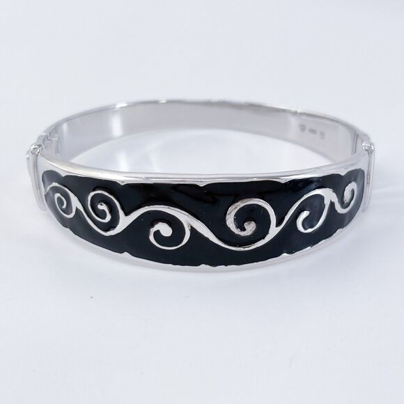 Vintage Sterling Silver 925 Black Enamel Hinged Bangle Bracelet 6.5" - Picture 2 of 9